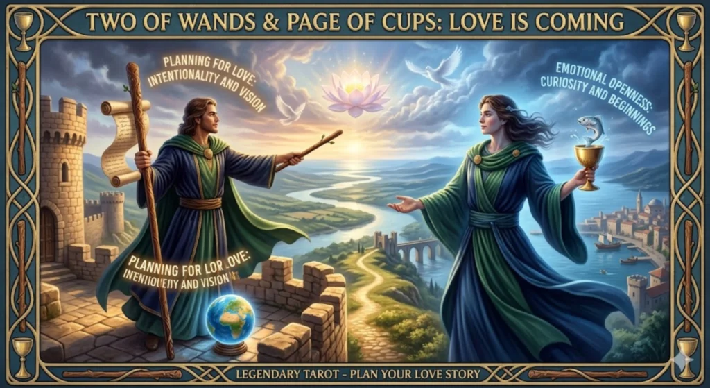 two of wands and page of cups, two of wands tarot meaning, page of cups tarot meaning, tarot cards for new love, tarot reading for love, tarot combination interpretation, tarot cards for romantic beginnings, two of wands love meaning, page of cups romantic symbolism, tarot cards for emotional growth